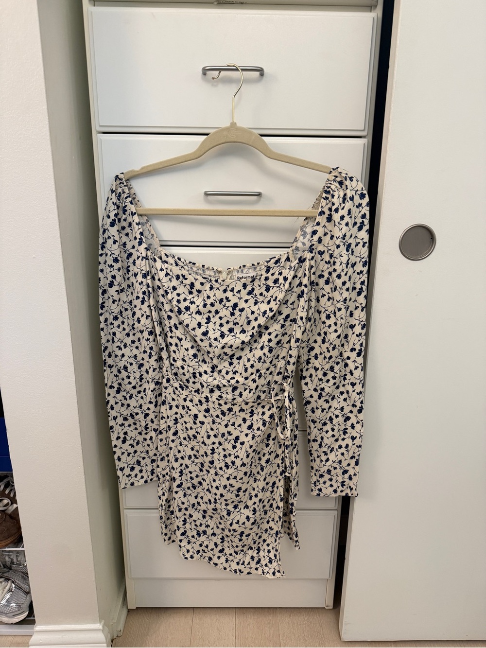 Reformation Ivory Mini Dress with Navy Floral Print